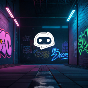 Discord logo, sleek and minimalist design. Background: digital graffiti with neon colors.