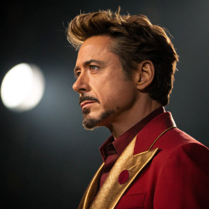 Robert Downey Jr. as Tony Stark, mustache and stubble, brown hair. Red and gold outfit. Dark background with spotlight