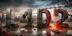 Letters L4D2 with rusty rivets in the blood, bullet holes in the letters, a chain, barbed wire, blood flows along the surface of the letters and drips, large large blood rolls off the rusty letters, moss, grass, cobwebs, dry vines, a stream, a puddle of blood spatter. light, smoke, fog, explosion, in bullets.