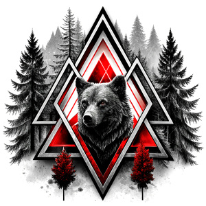 valknut runes pattern geometric symbols - bear and trees - tattoo design - perfect realistic art - high-definition - grey and black - white background 