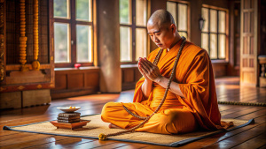 A Buddhist monk in an orange robe reciting a mantra with prayer beads in hand, sitting in a traditional meditation hall. The hall is adorned with Buddhist scriptures and soft mats for meditation