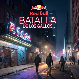 Promotional poster for Red Bull Batalla de los Gallos event. Bustling cityscape at night. Bright neon lights, graffiti covered walls, people walking on the street.