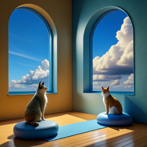 A Cat and a Dog are watching the view from the window in the large room of a 3D house.