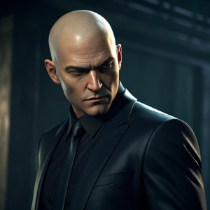 Close-up shot of Agent 47, a video game character. Bald head, intense stare, wearing a sleek black suit. Dark, shadowy background.
