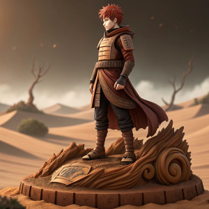 Digital art of Gaara from Naruto Shippuden, standing on a detailed base with an organic brown tone design.