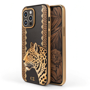 A luxurious Just Cavalli iPhone 12 case, featuring a bold leopard print. The design highlights the phone's contours, with cutouts for the camera and buttons. Set against a plain backdrop, the case's intricate brown and tan pattern is showcased.
