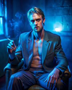 Shirtless Boyd Holbrook sits on the chair. He's weared open chest jacket. Night room, cinematic, cigarette, noir aesthetic, blue neon


