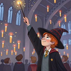 Illustration of Ron Weasley, wearing a wizard hat with magical glow, holding a wand. He stands in the Great Hall during a Hogwarts event.