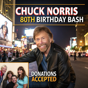 Celebratory billboard for Chuck Norris's 80th birthday bash. Crowded with images of Chuck in action, friends, and family. Main image features Chuck posing with a heartwarming smile. Donations accepted for charity.