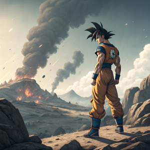 Goku from Dragon Ball, standing on a rocky landscape, with explosions and smoke in the background.