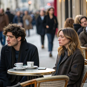 Louis Garrel and Laura Smet, both with somber faces, at a bustling cafe. People walking past them in the background, not blurred.
