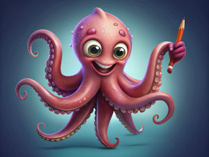 cartoon happy octopus    maroon holdding pencil
