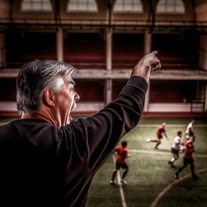 Carlo Ancelotti, intense focus, pointing at players during a high-energy training session. Soccer field backdrop.