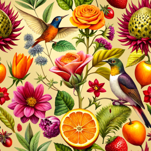 exotic orange craft paper with flying dark   wine -red exotic  birds   and  yellow  red  exotic    and pink  wild flowers ,ochra  lobelia , red  artichoke ,yellow gladiolus. orange hollyhock,wine redanemone  ,yellow  aster , purplehyacinth ,saffron ,primrose ,rosemary , iris 