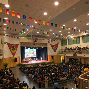 Celebrate P.A.C.N. Filipino American Culture Night. 23rd year anniversary. Crowded hall at Citrus College. Haugh Performing Arts Center. Kids perform traditional dances, music, and skits.
