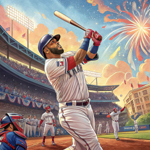 Nelson Cruz, in a vibrant stadium setting, swinging a baseball bat. Cheerful crowd and other players in background.