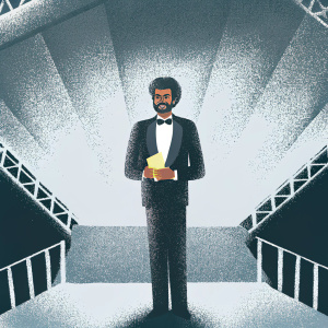 Adeel Akhtar accepting award at BAFTA Television Awards. Elegant black tuxedo, smiling. White background, award ceremony setup visible