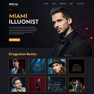 Dark-themed website for Nikita, Miami illusionist. Modern grid layout with Nikita's images. Close-ups and group shots of Nikita in performance. Sleek professional design highlighting illusionist's magic.