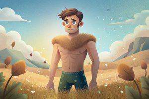 joven semidesnudo, sin ropa, acalorado, molesto, vestido con pieles, cultivando el suelo, de buen humor. rodeado de campo. Con cabello despeinado, lacio café claro en puntas, sin barba. sin guantes. El clima acalorado y soleado. 