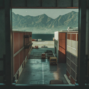 High detail, high-resolution 3D scene of Ghost Recon: Breakpoint. Set in a large, open industrial area with modern buildings, vehicles, and equipment. Majestic mountains and a body of water provide a breathtaking backdrop. The scene captures the interplay of sunlight and shadows, with rich textures adding depth and realism.