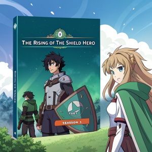 DVD cover for the anime 'The Rising of the Shield Hero', season 1, part 1. Vibrant illustration featuring the main characters in a fantasy setting. Rich color scheme with blue and green hues. Detailed outfits and unique appearances.