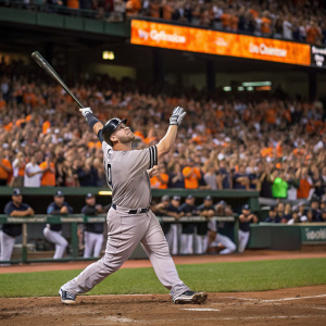 Brian McCann, dressed in Yankees jersey, mid-swing at Camden Yards stadium. A sea of fans fill the background
