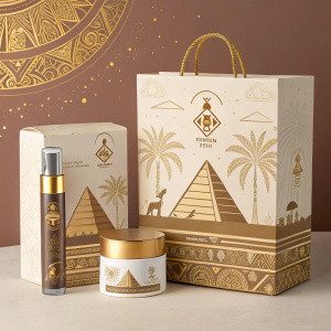 Elegant packaging design for Glim products, featuring a warm, sophisticated color scheme with hints of gold and an Egyptian-inspired theme.