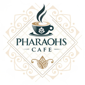 Modern logo design for Pharaohs Cafe. Centered around a stylized teacup emitting steam, seamlessly integrated with 'Pharaohs Cafe' text in elegant font. Luxurious and sophisticated color palette.