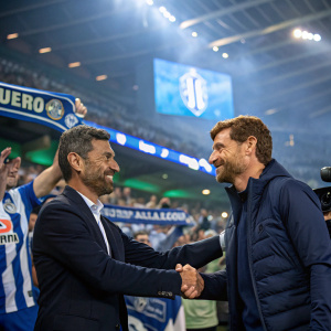 Sergio Conceicao and Andre Villas-Boas shaking hands in front of crowd. The stadium is filled with fans wearing jerseys and holding banners. Background is bright and lively, typical of a big sports event.