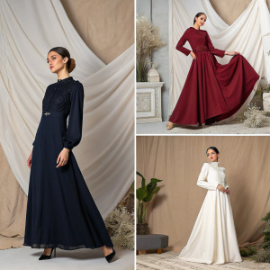 Multiple fashion photos showcasing Arshawear.id dresses. Various colors and styles, including black, maroon, navy, and white. Models posing on a textured backdrop, highlighting the soft and luxurious fabric drapes.