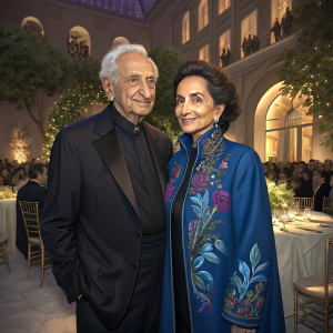 Frank Gehry and Berta Isabel Aguilera at the annual architecture gala. Frank donning a dark suit, Berta in a vibrant blue jacket with intricate designs. The venue, bathed in soft ambient lighting, sets a warm and elegant tone.