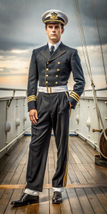 A fit young captain of a 1920s ship in a full-length historical style
