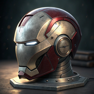 Digital render of Tony Stark's first Iron Man helmet. Shiny silver with angular design. Dark and sleek background.