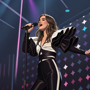 Hailee Steinfeld, in a sleek black and white outfit with dramatic shoulder detailing, performing passionately on stage. Vibrant stage lighting, dark toned and patterned backdrop