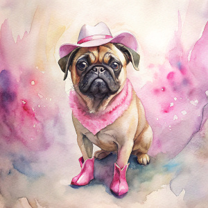 pug in pink cowboy boots and a pink cowboy hat