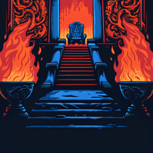Imagined scene from Mortal Kombat: Shang Tsung's throne room. Rich reds, golds dominate. Intricate Chinese designs. Majestic throne. Grand staircase. Fiery accents. Digital 3D rendering. Theatrical, stylized.