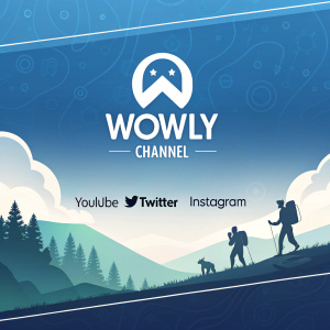 Animated banner for Wowly Channel. White 'W' logo against gradient blue background. Social media icons below: YouTube, Twitter, Instagram, and a streaming icon.