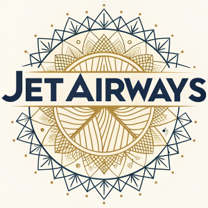 The Jet Airways logo, featuring bold sans-serif text, is surrounded by a dynamic, gold-tinged geometric design.