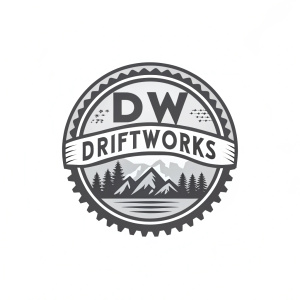 Vector art of Driftworks DW logo. Circular design, bold font, gray tones, minimalist background