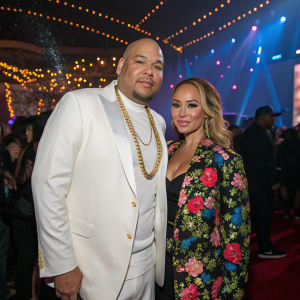 Fat Joe and Lorena Cartagena at the Billboard Music Awards afterparty. They stand out in a crowd against a glittering backdrop. Fat Joe in a white suit, gold chain. Lorena Cartagena in a floral jacket.