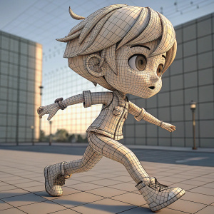 3D digital rendering of a stylized wireframe character with an anime-inspired design. The character, a young figure with a blank expression, is in a dynamic pose. Detailed head and body structure are visible. The background is a simple grid pattern.