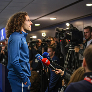 Matteo Guendouzi, wearing a blue tracksuit, at a post-match press conference. Crowded media room, multiple microphones, flashing cameras