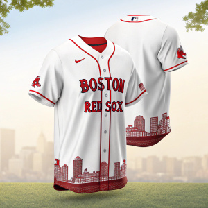 A 3D design of a custom Boston Red Sox jersey. The jersey, predominantly white with red highlights, showcases a cityscape pattern. The front bears the classic Red Sox logo, while the back includes personalized details. The background is a soft, natural color.