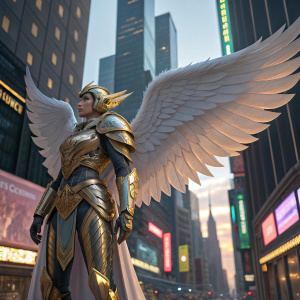 Primordial Archangel Saraqael, armored in gold and silver, stands in a bustling modern cityscape. Her angelic wings, a blend of soft and hard edges, stretch wide amidst the towering skyscrapers and neon lights. The vibrant urban backdrop highlights her celestial armor and the intricate details of her wings, reflecting the divine and the mundane.