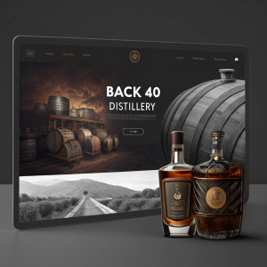 Homepage design for Back40 Distillery. Modern, sleek interface. Dark color palette. Prominent slogan and product visuals. User-friendly navigation.