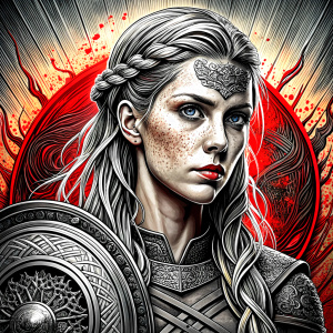 shieldmaiden perfect realistic art, high-definition, high-definition grey and black, white background 