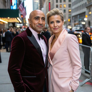 Arthur Abraham and Inka Bause, both dressed formally, on a busy city street. Arthur in a dark maroon velvet blazer, Inka in a soft pink blazer. Background filled with cityscapes and bustling crowds.