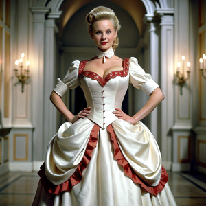 Kamilla Senjo wearing Victorian satin dress with wide skirt with bustle, hourglass figure, very narrow waist and big bosom spilling out, broad hips, side view at ballroom in Carlton Towers, full body view