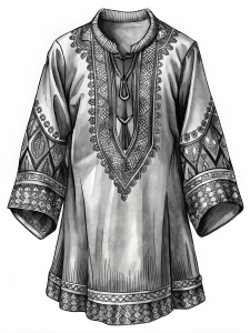 B&W, A buba is a traditional African blouse for women, characterized by its loose fit and long sleeves. Made from fabrics such as cotton, silk, or brocade, it is often adorned with intricate embroidery or appliqué, especially around the neckline and cuffs. The buba is significant as a staple of West African women's attire, symbolizing modesty, elegance, and cultural identity. Outline Art, defined fabric, ultra-high resolution, white background, ultra-high quality,