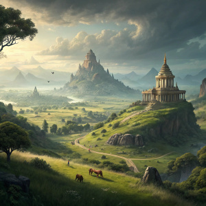 Digital artwork of Hyrule, the sprawling landscape from The Legend of Zelda: Ocarina of Time, with intricate fantasy details.